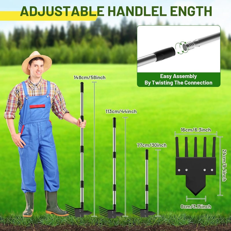 Ukiupop 2-in-1 Heavy-Duty Weed Puller Tool with 5-Tine Rake – 30" to 60" Adjustable Handle, Hoes for Gardening, Hoe Garden Tools for Loosening Soil, Planting, Weeding - Image 3
